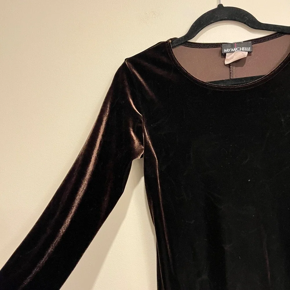 VTG Y2K Velvet Dress Long Sleeve Mini Brown My Michelle Small Goblincore Fairy - Picture 3 of 4